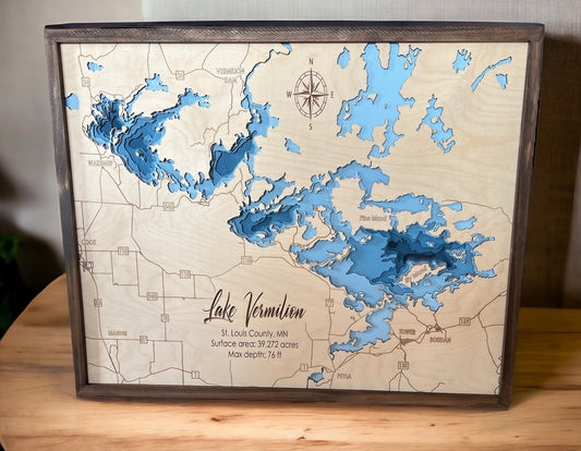 Handcrafted 3D Wood Lake Map - Customized Lake Topography Art